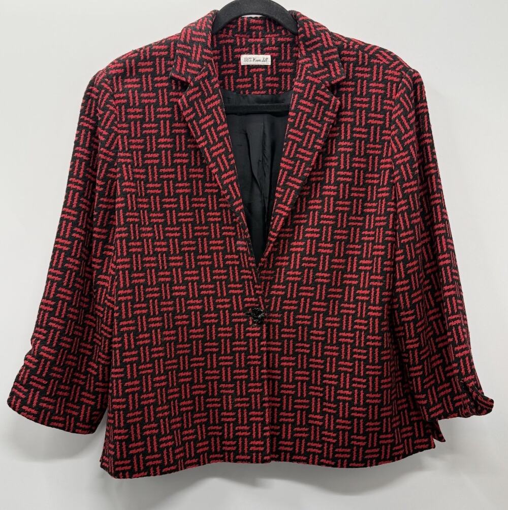 Ann May 100% Silk Woven Blazer Jacket Womens Large Red Black Textured